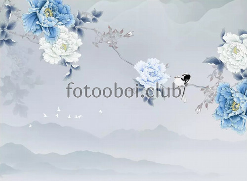 пионы, птицы, горы, голубые, синие, абстракция