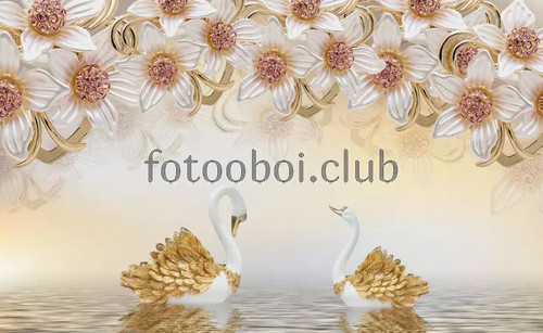 цветы, золото, озеро, вода, лебеди, 3д, 3d